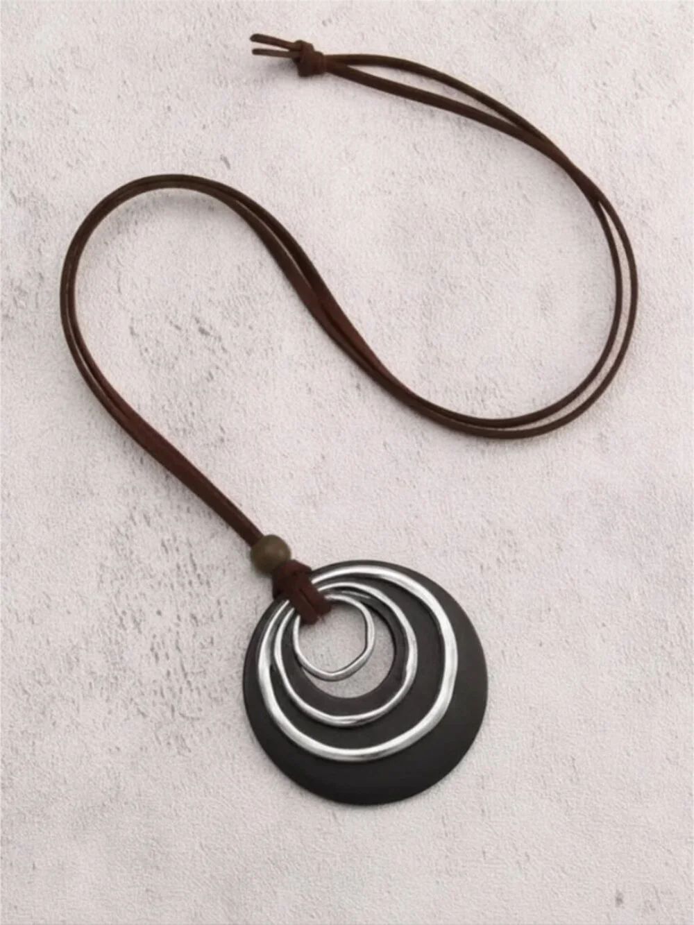 NWT Boho Hammered Silver Circle Wood Pendant Adjustable Cord Long Necklace